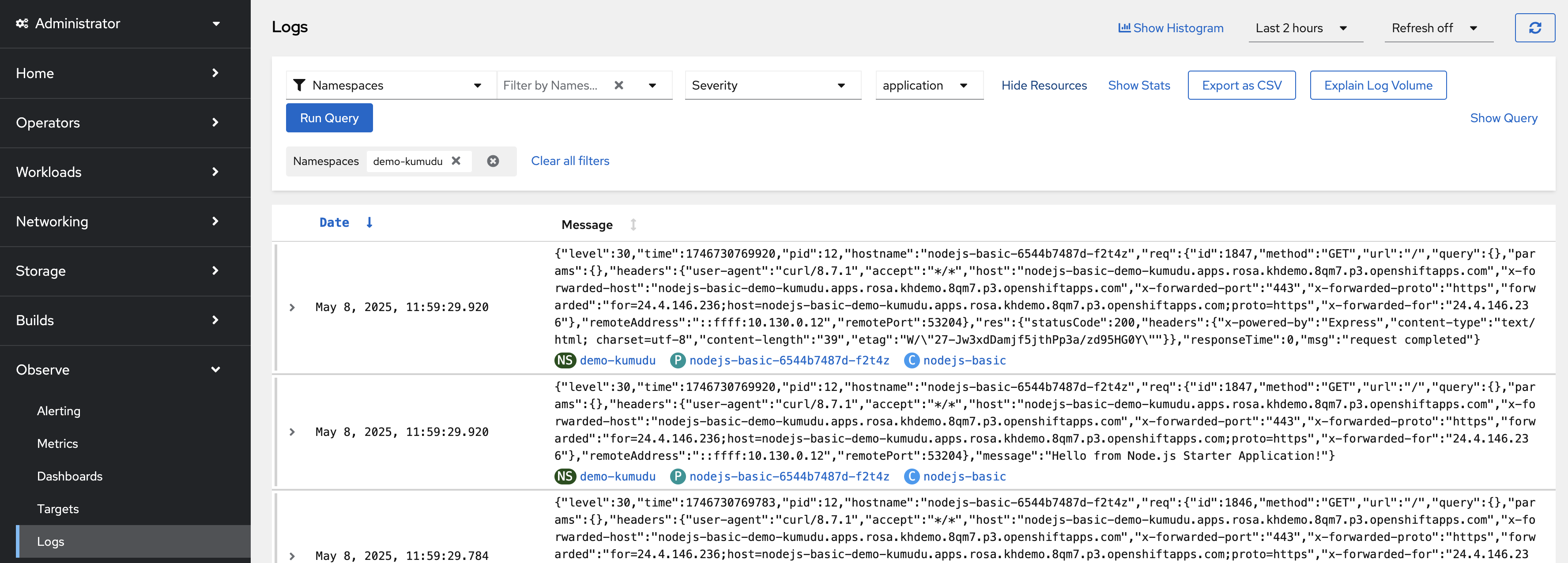 logs in Openshift Web console